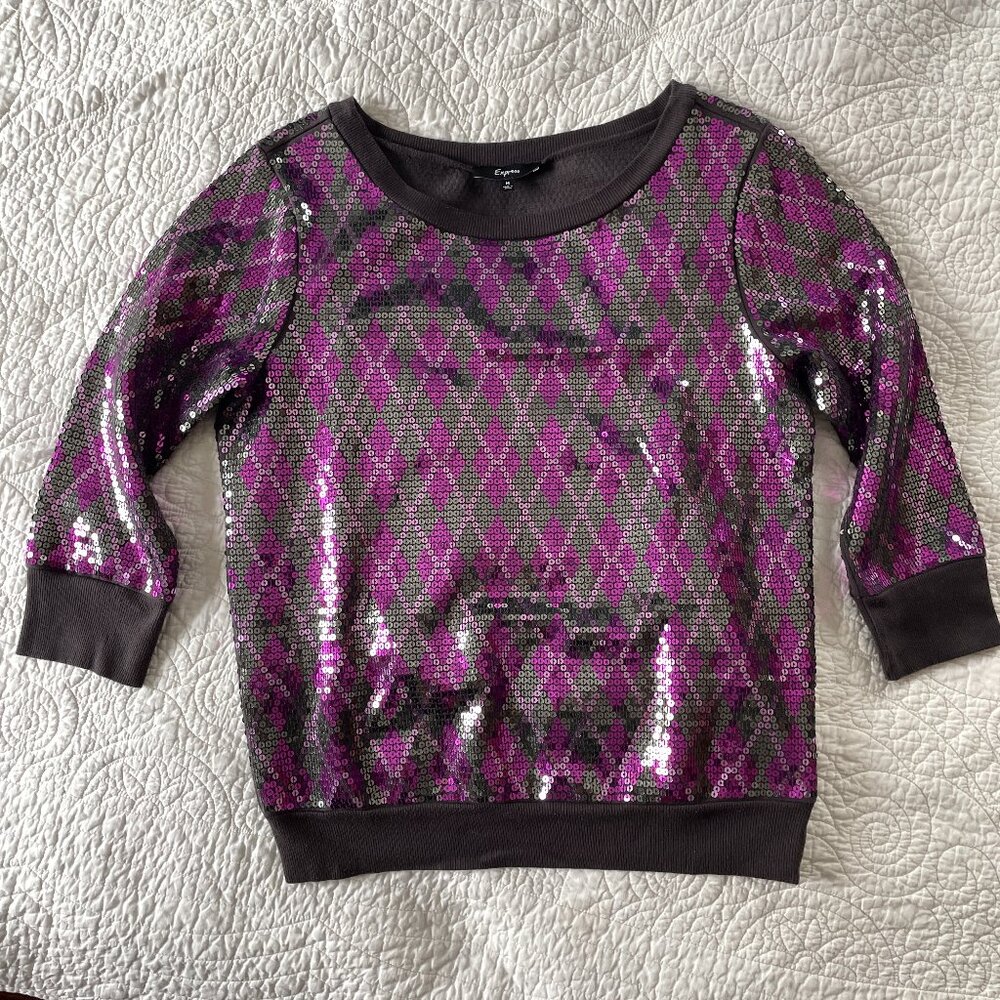 Express Sequin Argyle Top Medium M Purple Green Holiday Sweatshirt 3/4 Sleeve